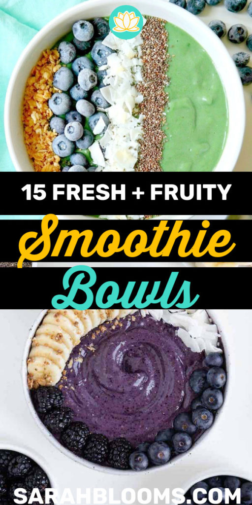 Enjoy a nutritious breakfast or snack with these 15 Best Fruity Smoothie Bowl Recipes made with all the best fruits of summer - strawberries, blueberry, mangos, bananas, peaches, and more! Make a fresh and fruity breakfast you will love with these 15 Easy and Delicious Smoothie Bowls! #fruitysmoothiebowls #fruitysmoothiebowlrecipes #healthysmoothies #healthybreakfasts #healthybreakfastrecipes #weightlossrecipes #plantbasedrecipes