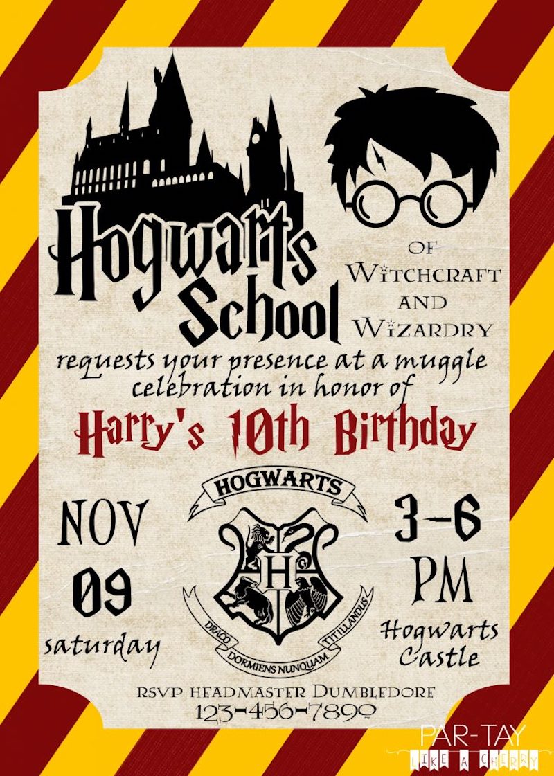 Printable Harry Potter birthday invitation styled like an official Hogwarts School of Witchcraft and Wizardry invitation.