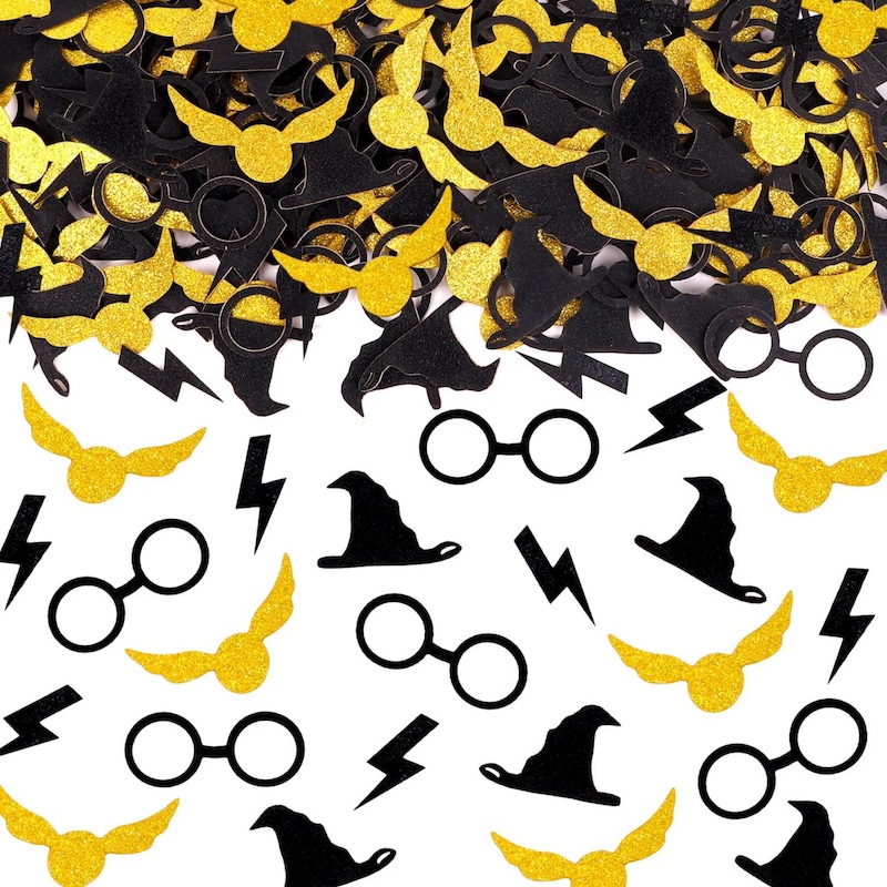 Harry Potter-themed table confetti featuring glittery Golden Snitches, wizard hats, Harry Potter glasses, and lightning bolt cutouts.