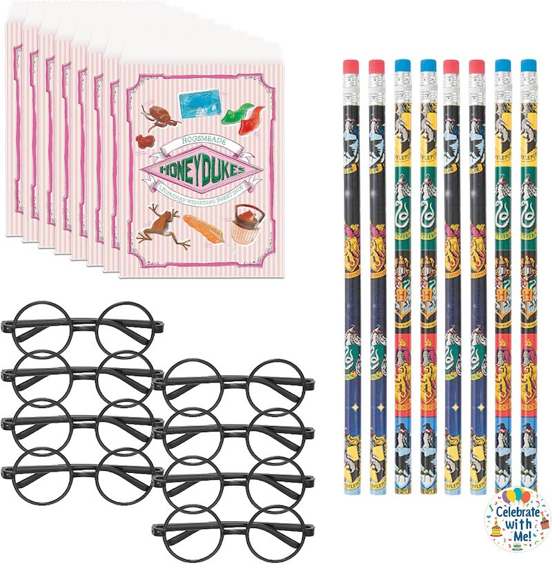 Official Harry Potter party favor pack with Honeydukes treat bags, Hogwarts pencils, and round wizard glasses for birthday party goodie bags and favors.