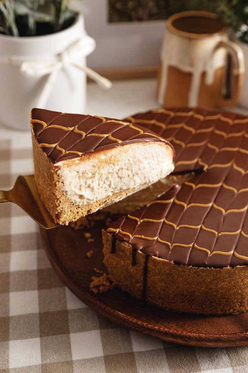 No bake chocolate peanut butter cheesecake with buttery graham cracker crust, smooth peanut butter cheesecake filling, and a glossy dark chocolate ganache on top.