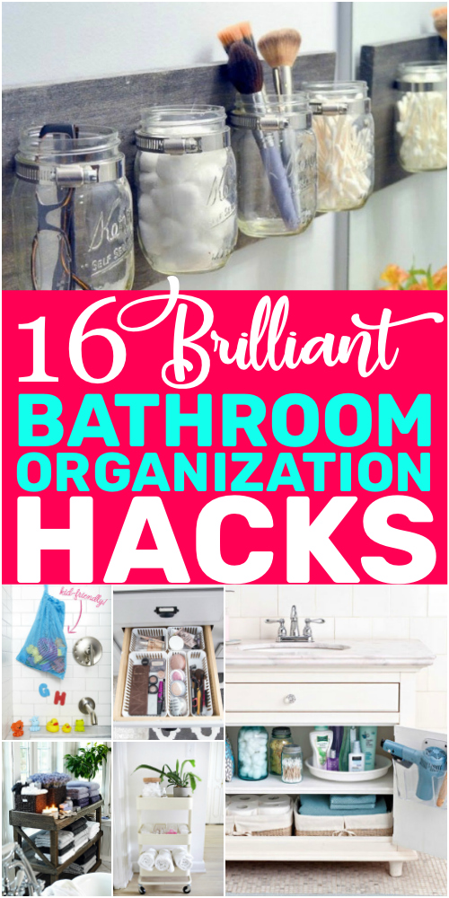 These Amazing Bathroom Hacks will turn your bathroom into the best room in the house! Organize your makeup, beauty supplies, cleaning products, and more with these Frugal + Super Easy Bathroom Organization Hacks.