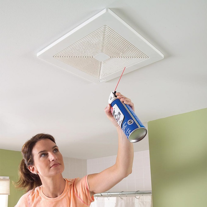 Clean your exhaust fan with compressed air. Genius Bathroom Cleaning Hacks You Need to Try