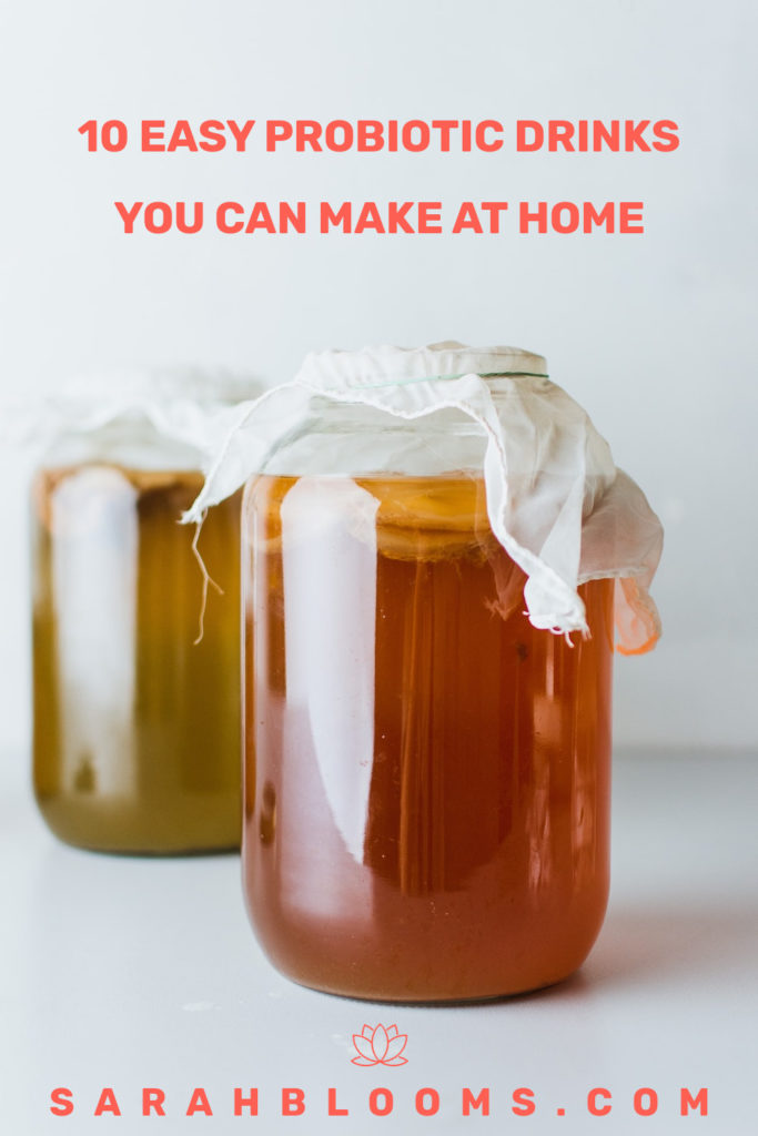 Get healthy and save money with these Easy and Inexpensive Probiotic Drinks you can make at home! Probiotic drinks can help you lose weight, aid digestion, improve mood, increase energy, and more! No more $4 bottles of kombucha for us! Learn how to make your own kombucha and other healthy and great-tasting probiotic drinks today! #probioticdrinks #healthyprobioticdrinks #probioticdrinkrecipes #sarahblooms