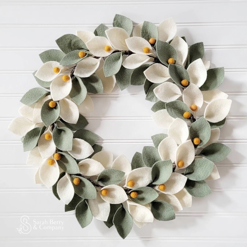 Ivory and Sage Felt Leaves Wreath with Mustard Berries Best Handcrafted Christmas Wreaths on Etsy