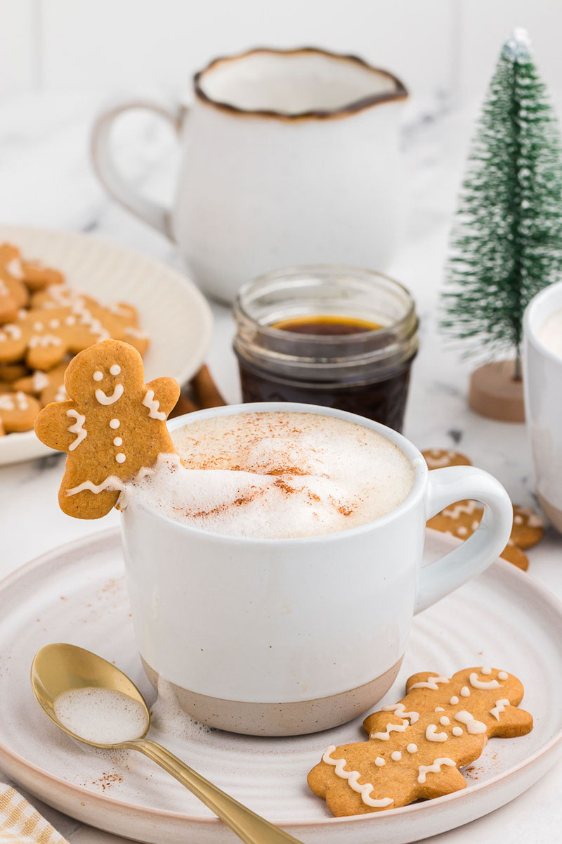 A homemade gingerbread latte topped with frothy milk, cinnamon, and a gingerbread cookie in a white mug.