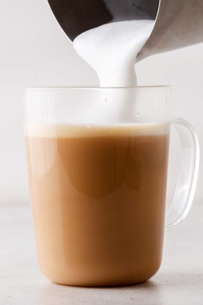 A homemade Royal English Breakfast Tea Latte with creamy frothed milk poured over freshly brewed black tea.