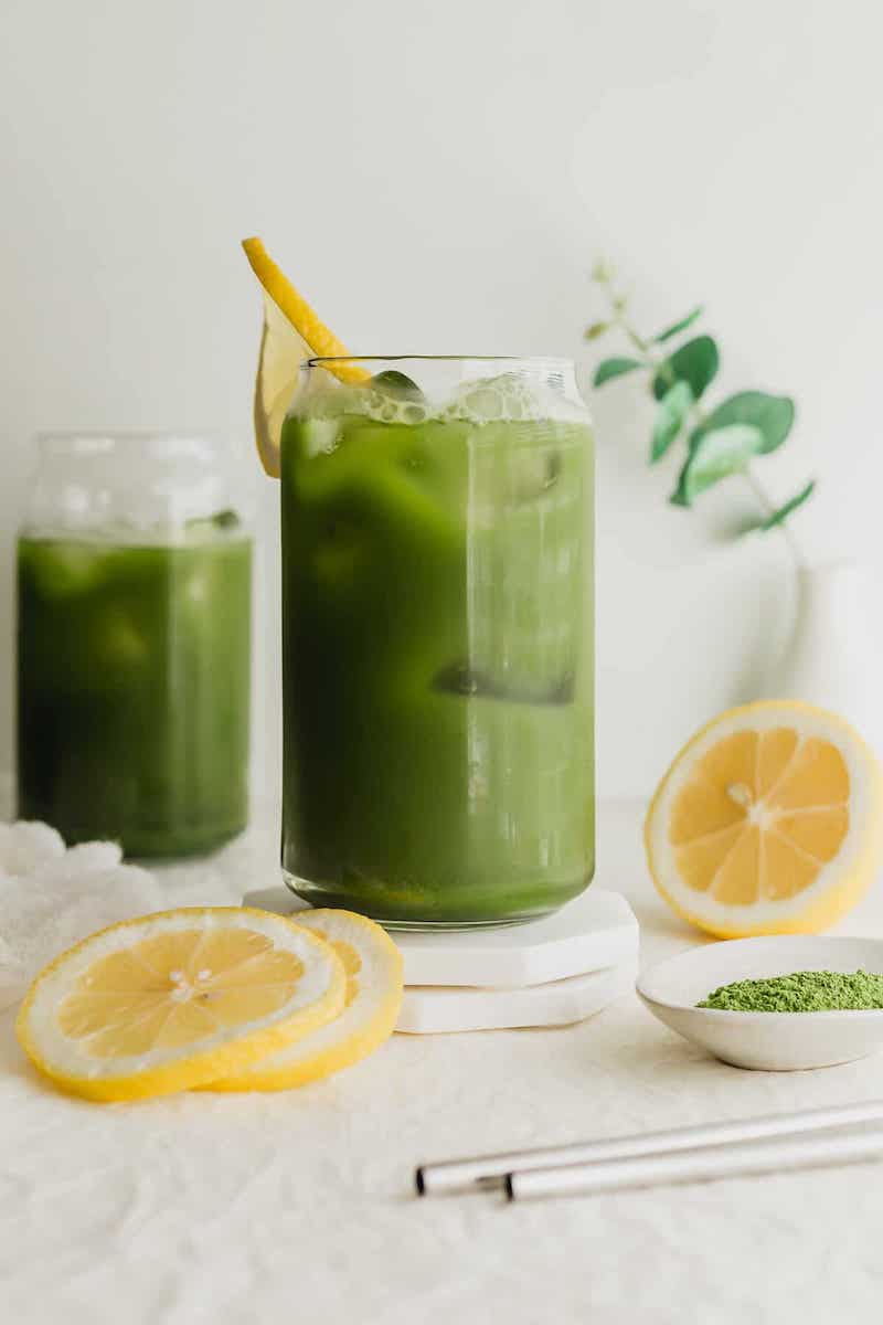 A refreshing Matcha Tea Lemonade made with vibrant green matcha, fresh lemonade, and ice.