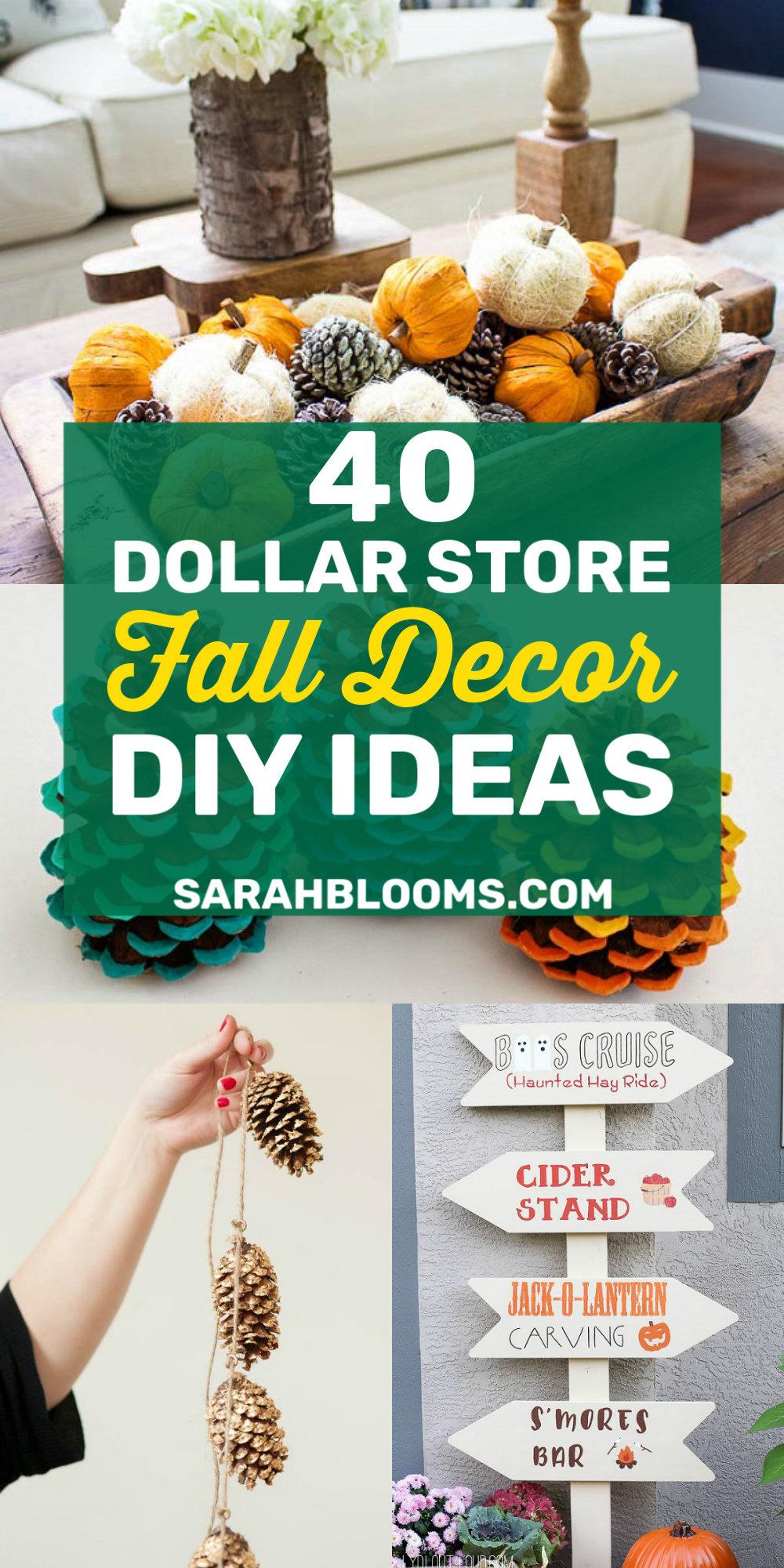 These 35 Must-See Dollar Store DIY Fall Décor Ideas will transform your home for autumn on a dime!  And they're super easy to make - even if you're not crafty! #dollarstore #dollarstoredecor #fall #falldecor #fallhome #SarahBlooms