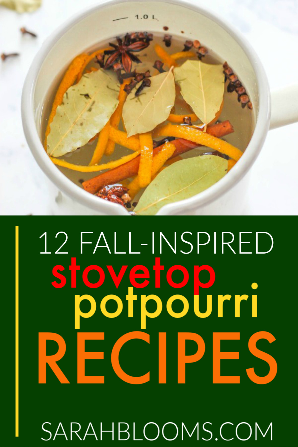 Looking for simmering potpourri recipes for fall? Look no farther! Here are some of our favorite simmer pot recipes guaranteed to make your home smell absolutely amazing for fall. Click this pin to get best fall-inspired potpourri simmer pot scents. #fall #fallhome #homescents #homescenthacks #potpourri #farmhousestyle #simmeringpotpouri #simmerpots #stovetoppotpourri #SarahBlooms
