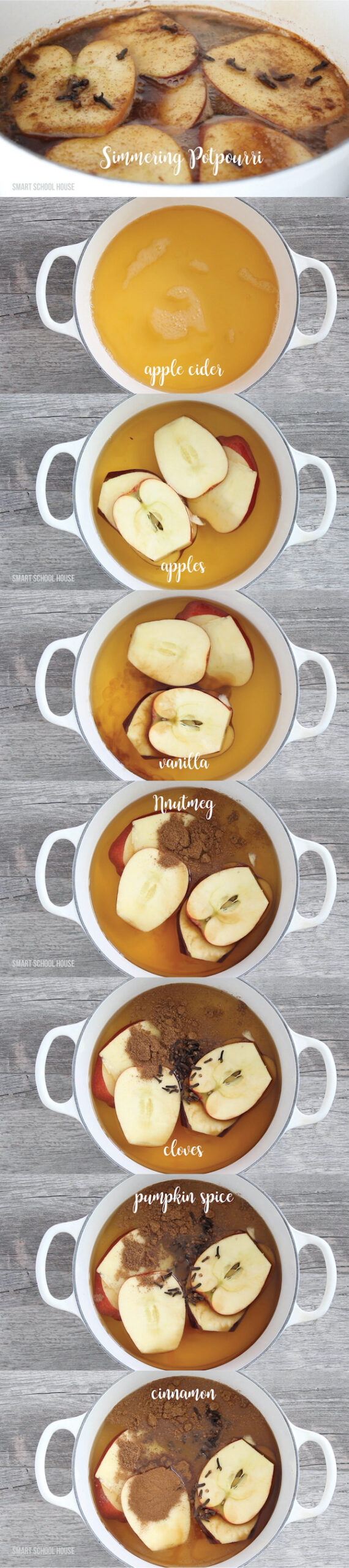 A ceramic pot containing apple cider simmering potpourri.