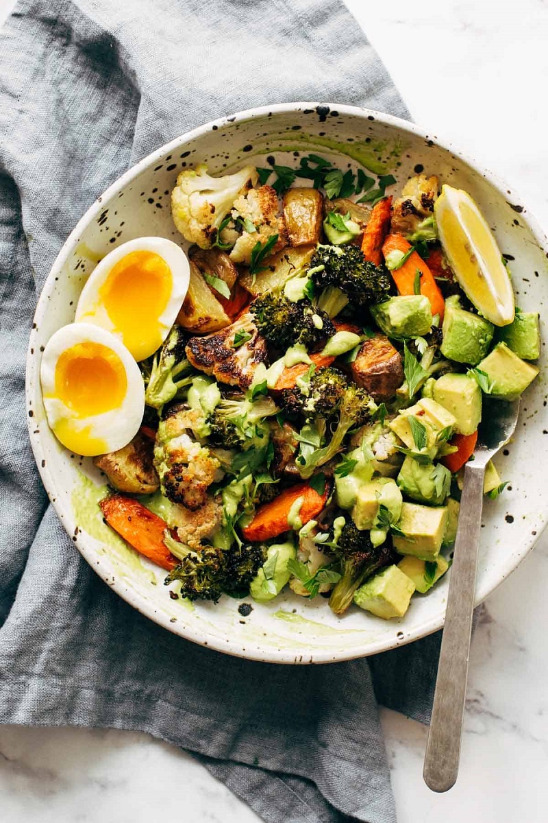 30. Roasted Vegetable Bowl with Green Tahini Vegan Breakfast Bowls