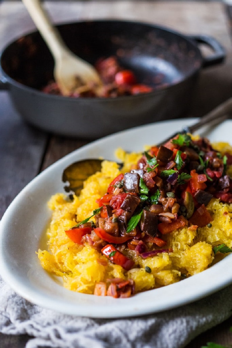 Eggplant Puttanesca and Spaghetti Squash Best Healthy 30-Minute Plant-Based Dinners