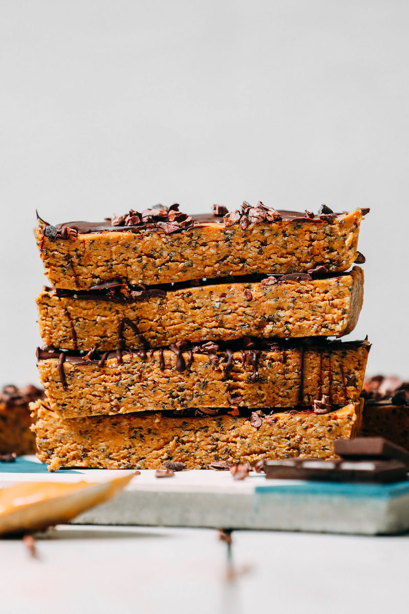 Vegan chocolate peanut butter protein bars for easy camping snacks.