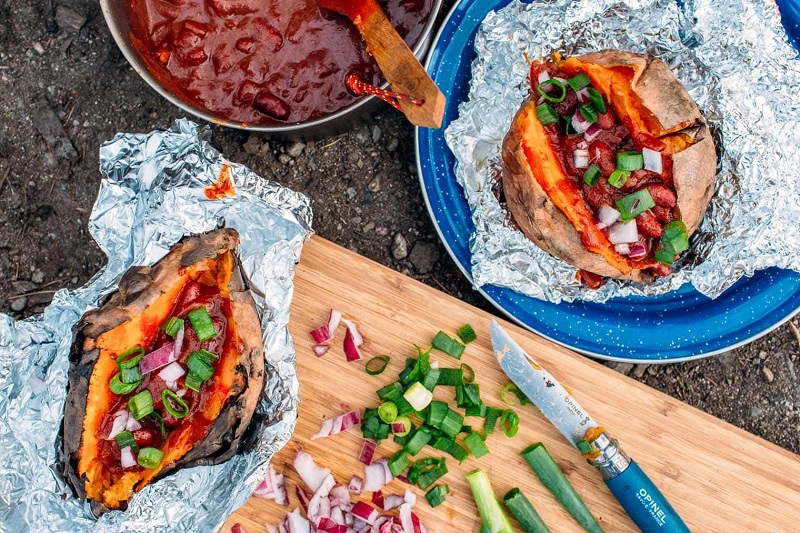 Baked Sweet Potatoes and Chili Best Vegan Camping Recipes