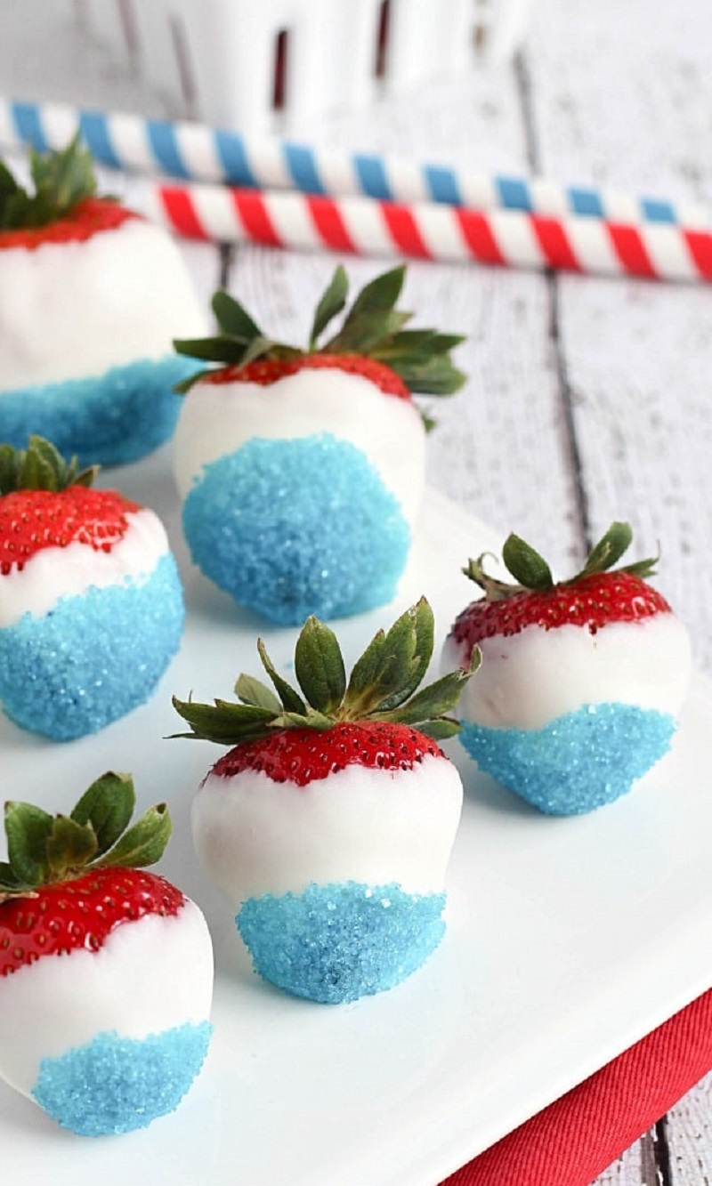 Patriotic White Chocolate Strawberries Best Red, White, and Blue Desserts