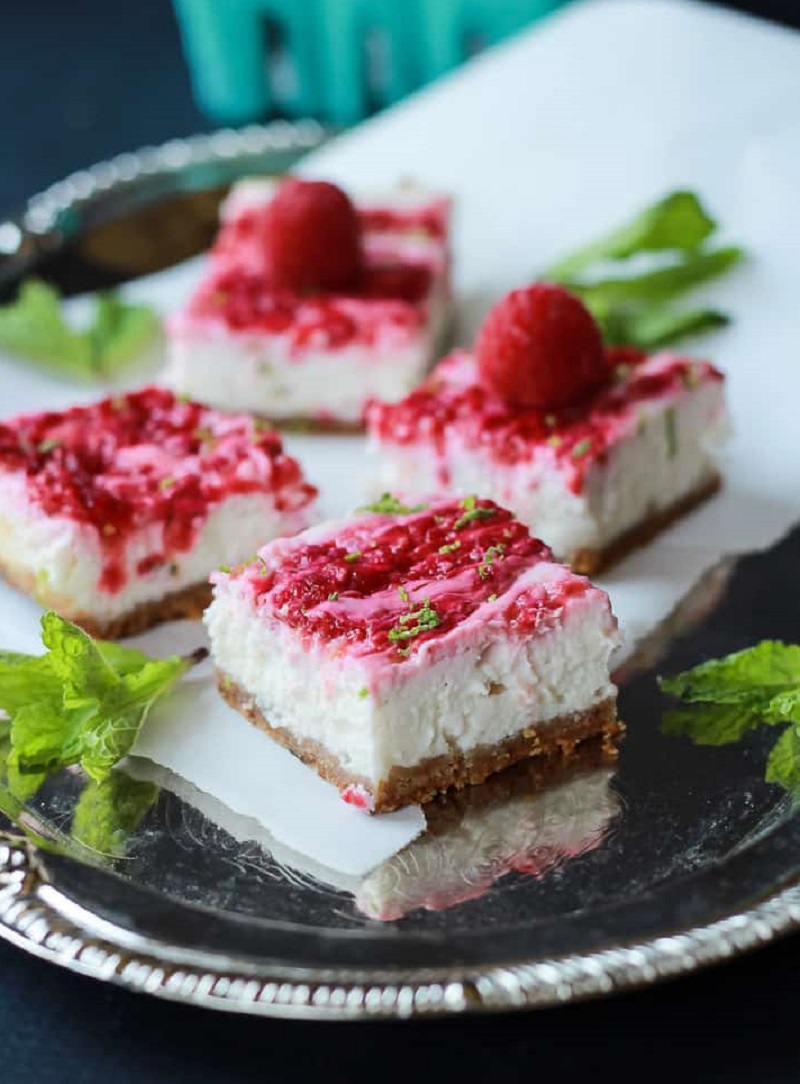 Skinny Raspberry Mojito Cheesecake Bars Best Healthy Red, White, and Blue Desserts