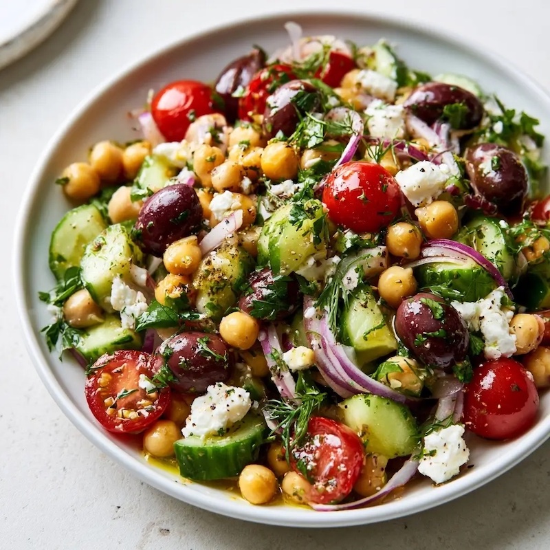 Greek chickpea salad made with chickpeas, cucumber, cherry tomatoes, red onion, bell pepper, fresh parsley, feta cheese, and a zesty lemon herb dressing in a serving bowl.