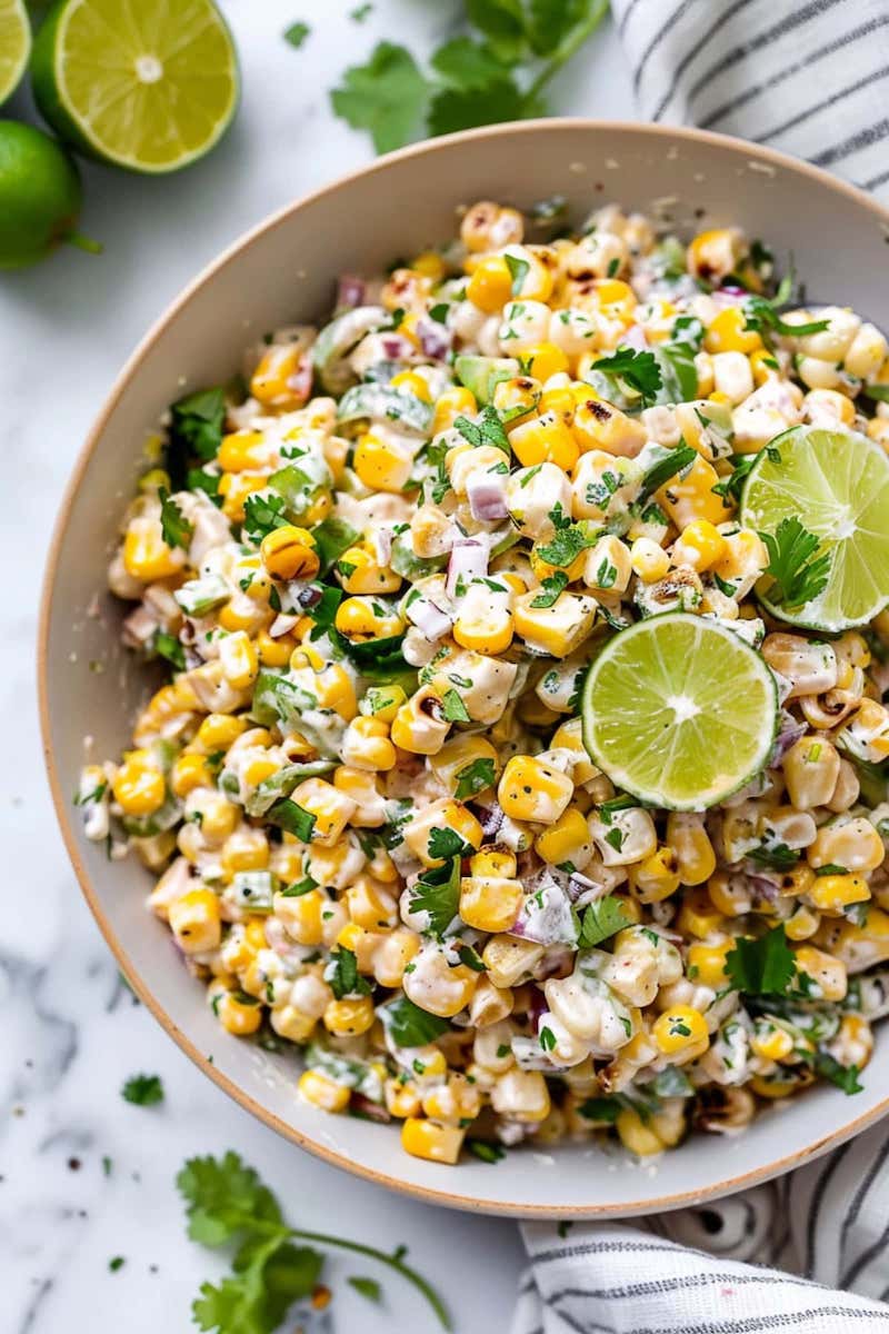 Mexican Street Corn Salad
4.8 from 10 votes
Mexican street corn salad has the perfect balance of smoky, spicy, tangy and creamy flavors. It's light, colorful, and ideal for summer grilling.
Course: Side DishCuisine: Mexican
Servings
4-6servings
Prep time
5minutes
Cooking time
10minutes
Calories
205kcal
Ingredients
4 ears fresh sweet corn, husks removed (about 4-5 cups of corn)
1 tablespoon olive oil
1⁄2 cup diced red onion
1 jalapeño pepper, seeded and finely diced
2 cloves garlic, minced
1⁄4 cup mayonnaise
1⁄2 cup crumbled cotija cheese (or feta), plus more for garnish
2 tablespoons fresh lime juice
1⁄2 teaspoon chili powder
1⁄4 teaspoon smoked paprika
1⁄4 teaspoon salt
1⁄4 cup chopped fresh cilantro, plus more for garnish
Instructions
Grilled corn: Brush the corn with olive oil. Grill over medium-high heat, turning occasionally, until lightly charred on all sides. Let cool slightly, then use a sharp knife to cut the kernels off the cobs into a large bowl.
Fried corn: Alternatively, cut the kernels off the cobs or use frozen/canned corn (thawed and drained). Pan-fry in a large skillet over medium-high heat until lightly charred. Let cool slightly then transfer to a large bowl.
Add the diced red onion, jalapeño, garlic, mayonnaise, cotija cheese, lime juice, chili powder, smoked paprika, salt, and cilantro to the bowl. Toss until everything is evenly combined and the corn is well coated.
Taste and adjust the seasonings if needed. Transfer to a serving bowl and garnish with additional cotija cheese, a sprinkle of chili powder, and extra fresh cilantro, if desired. Serve warm or at room temperature. Enjoy!
Notes
Dairy options. For a lighter salad, use Greek yogurt in place of some or all of the mayonnaise.
Mexican Street Corn Pasta Salad. Cook 1 pound of pasta to al dente, drain well, then toss in the dressing with the warm corn. I suggest also adding an extra 1/4 cup of mayo, sour cream, or cream cheese to the dressing.
