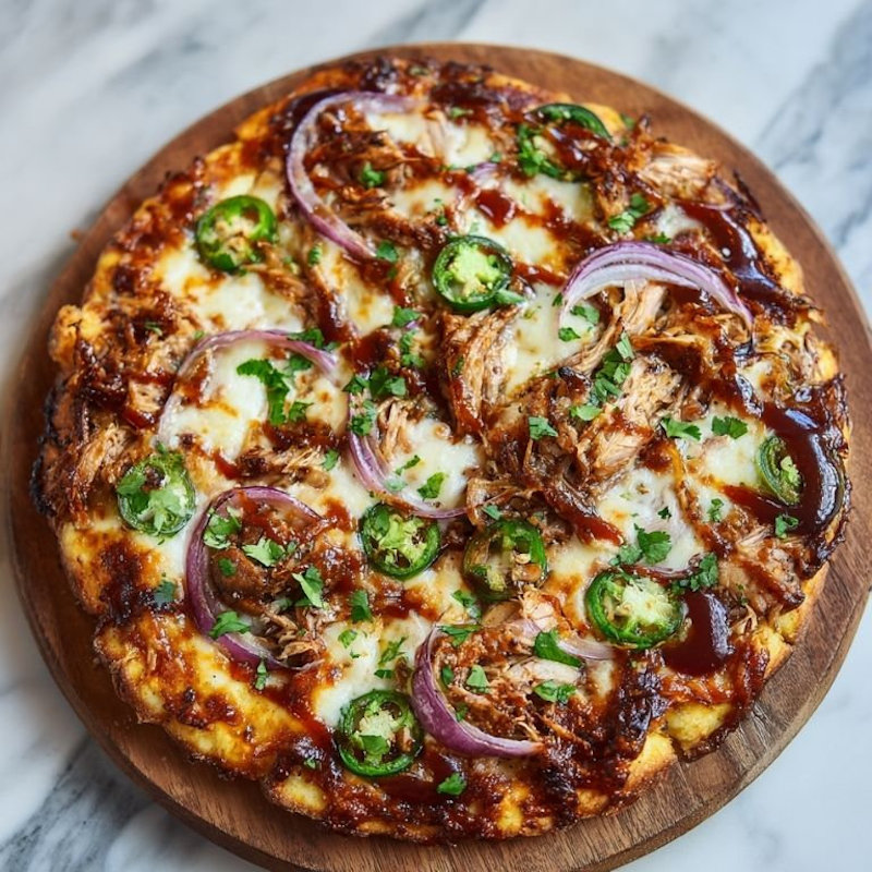 BBQ pulled pork pizza topped with mozzarella, jalapeños, and barbecue sauce.