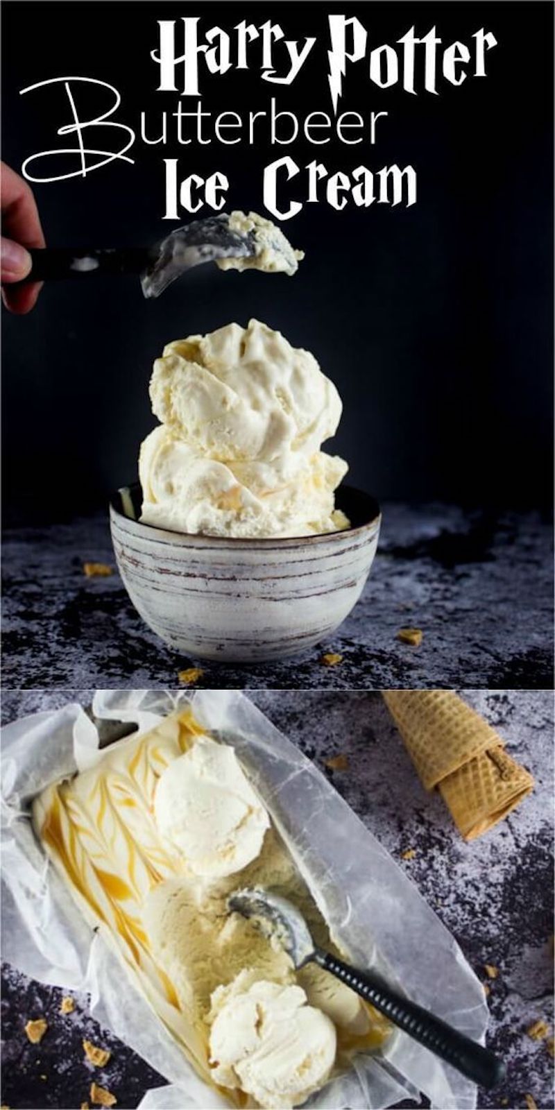 Creamy Harry Potter-inspired Butterbeer no-churn ice cream with butterscotch swirls served in a bowl and scooped from a loaf pan.