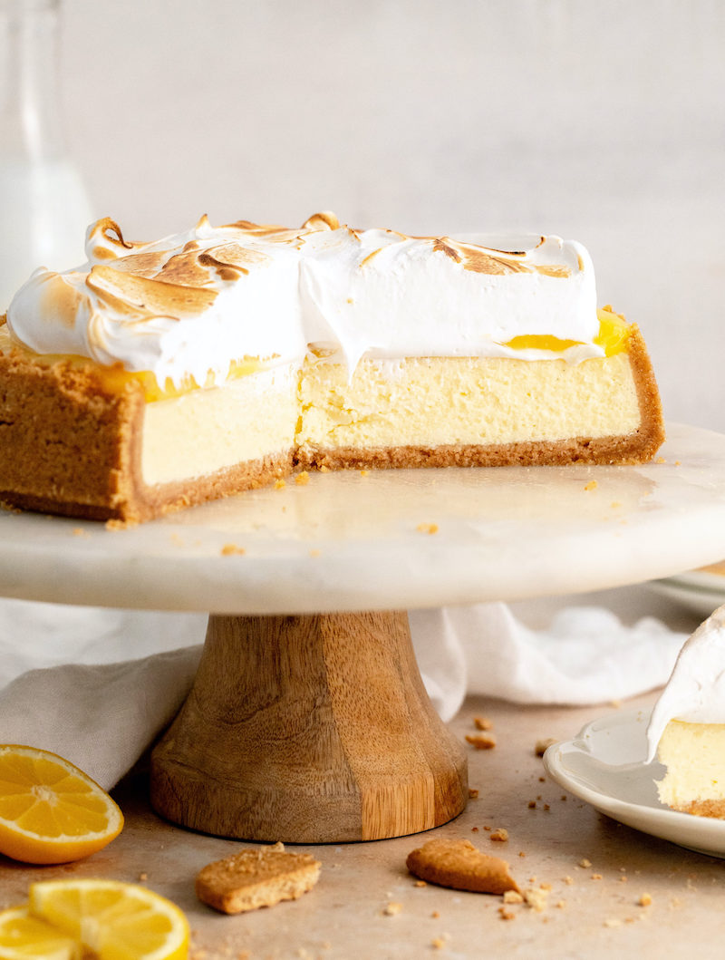Lemon meringue cheesecake with fluffy meringue topping.