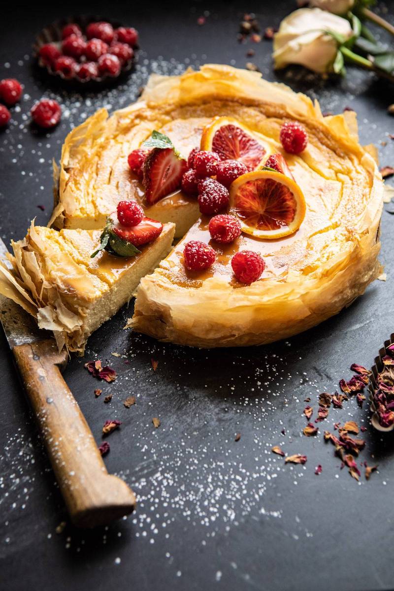 Whipped lemon ricotta cheesecake with phyllo dough crust.